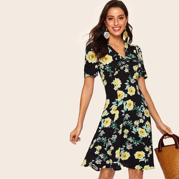 

40s Floral Print Knot Front Dress, Multicolor