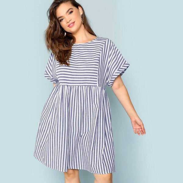 

Plus Rolled Up Sleeve Pocket Side Striped Dress, Multicolor