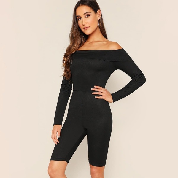 

Rib-knit Foldover Bardot Unitard Romper