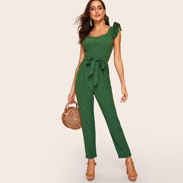 

80s Sweetheart Neck Ruffle Armhole Rolled Hem Jumpsuit, Green