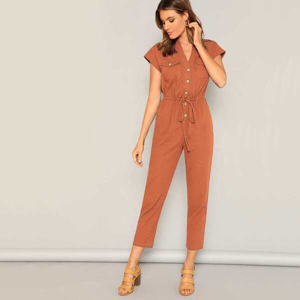 

Waist Drawstring Button & Pocket Front Solid Jumpsuit, Brown