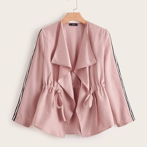 

Striped Sleeve Open Front Drawstring Waist Coat