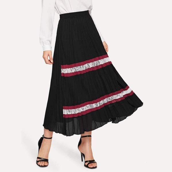 

Elastic Hem Lace Insert Pleated Skirt, Black