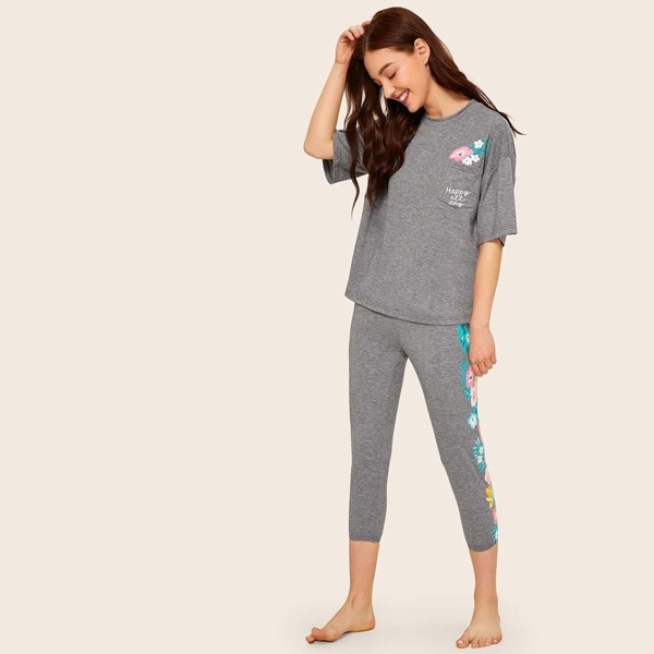

Floral and Letter Pocket Patched Top & Leggings Set, Grey