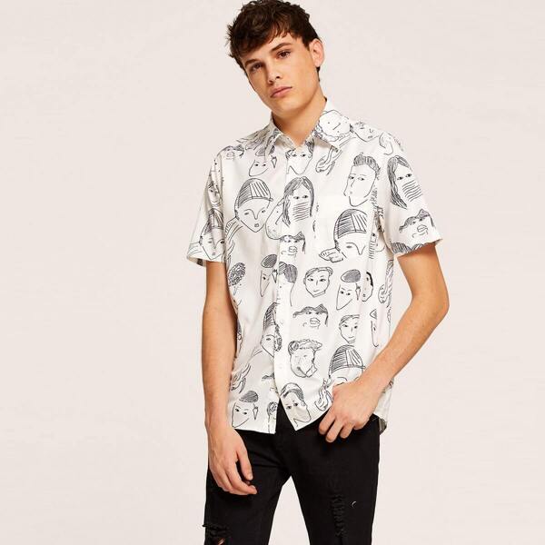 

Men Button Up Face Print Shirt, White
