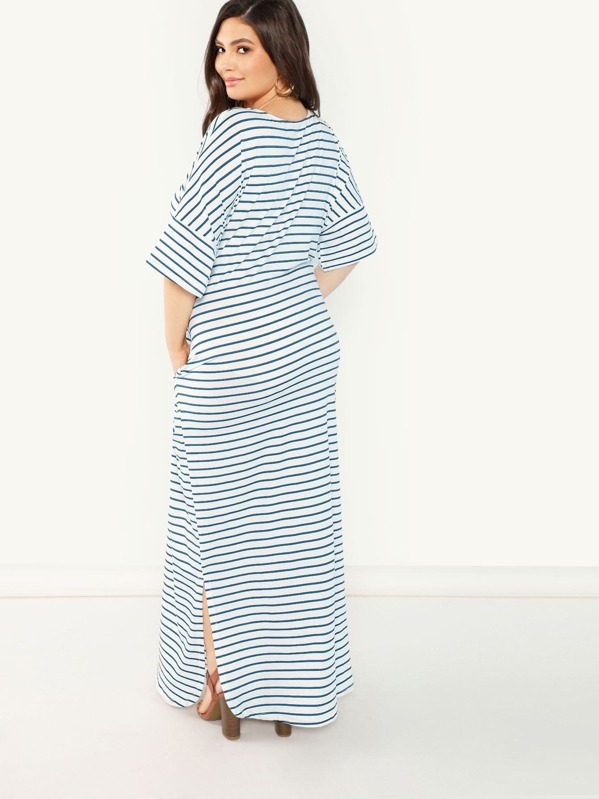 

Plus Slant Pocket Striped Split Dress, Multicolor