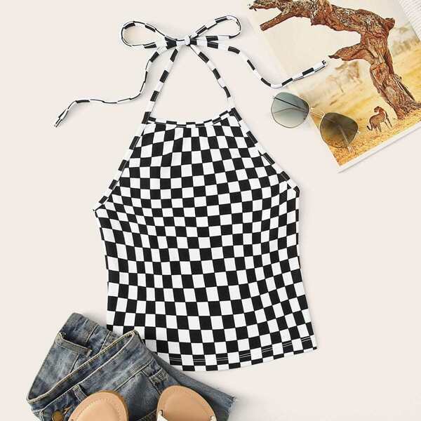 

Checked Print Knot Backless Halter Top