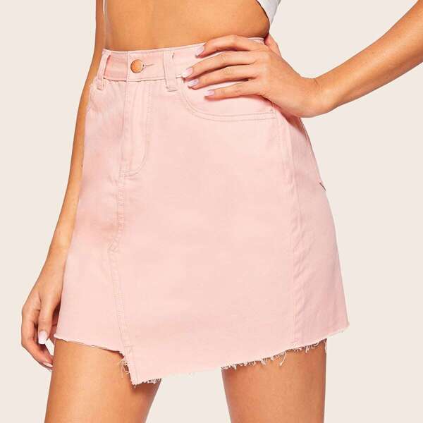 

Pink Wash Asymmetric Raw Hem Denim Skirt
