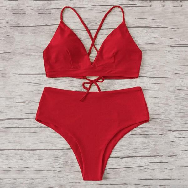 

Plus Criss Cross Triangle Top With High Waist Bikini, Red bright