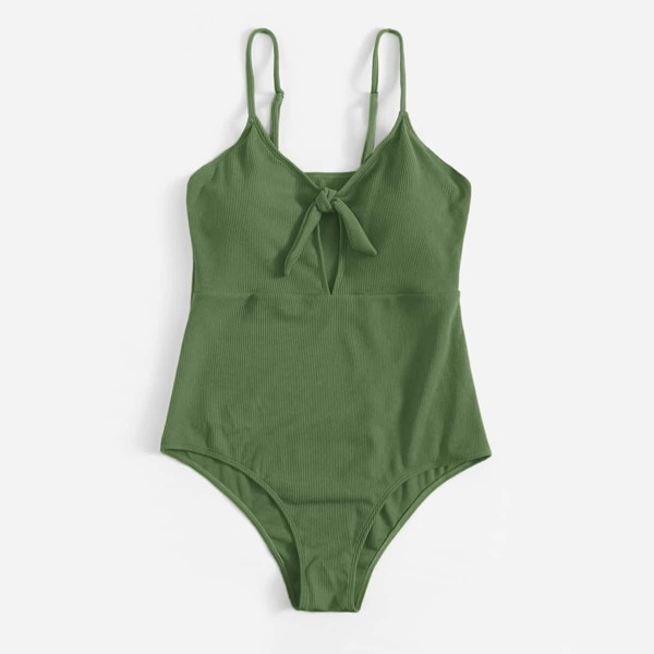 

Plus Ribbed Knot Front One Piece Swimwear, Army green