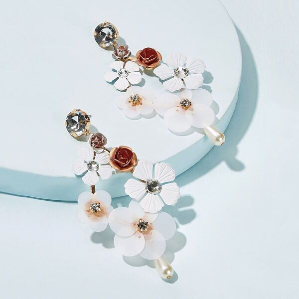 

Dangling Rhinestone Detail Flower Drop Earrings 1pair, Multicolor