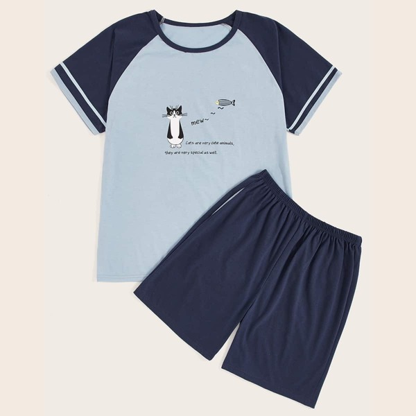 

Men Cat & Letter Print Pajama Set