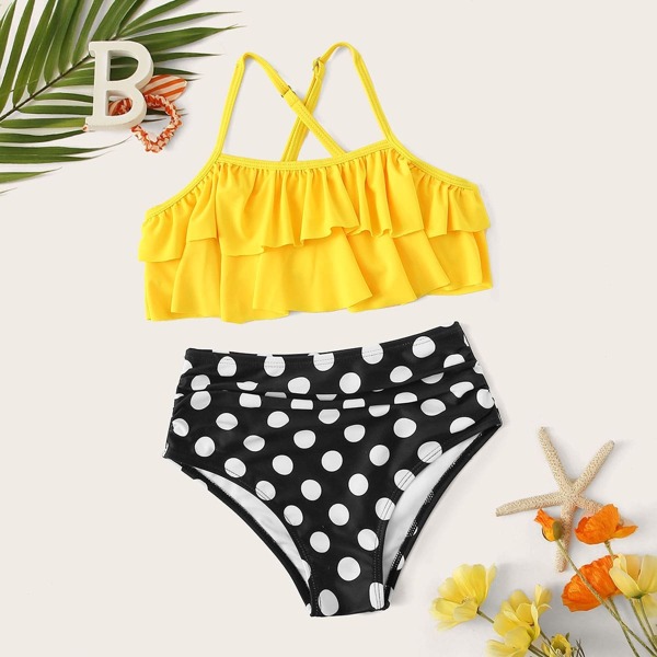 

Girls Tiered Layer Top With Polka Dot Ruched Bikini