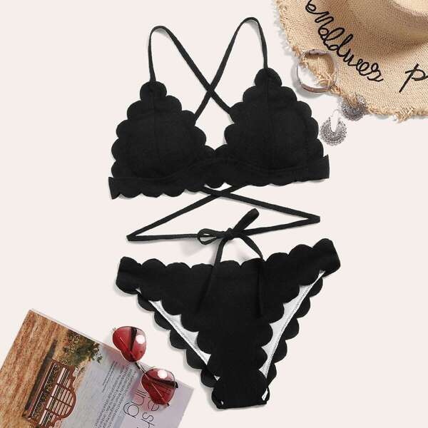 

Criss Cross Self Tie Scallop Trim Bikini Set, Black