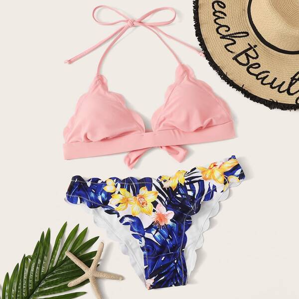

Random Tropical Print Scalloped Trim Bikini Set