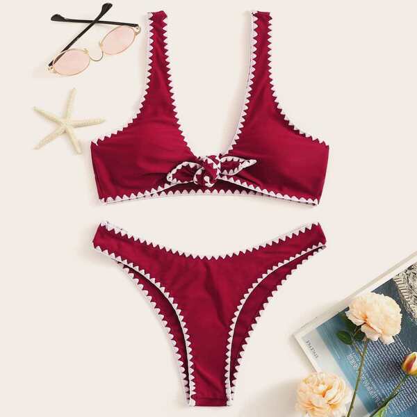 

Knot Front Top With Contrast Trim Bikini, Burgundy