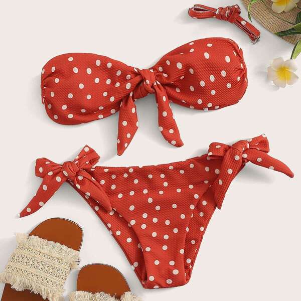 

Polka Dot Knot Bandeau With Tie Side Bikini, Red