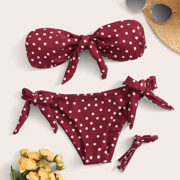 

Polka Dot Knot Bandeau With Tie Side Bikini, Burgundy