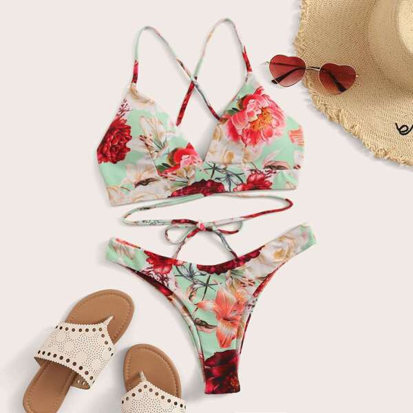 

Random Floral Lace-up Top With Hipster Bikini Set