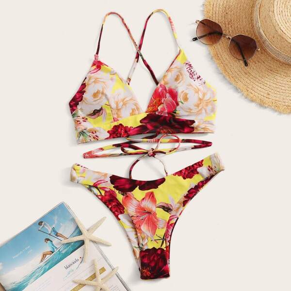 

Random Floral Lace-up Top With Hipster Bikini Set