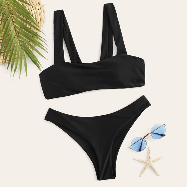 

Square Neck Top With High Cut Bikini Set, Black