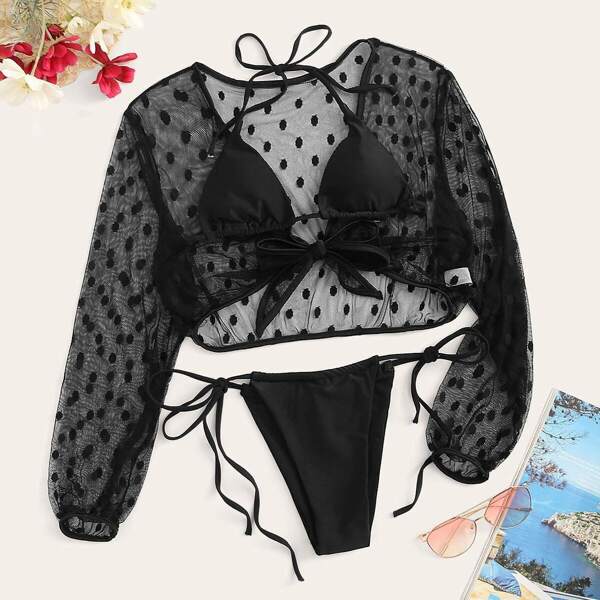 

Self Tie Bikini Set & Mesh Cover Up 3pack, Black