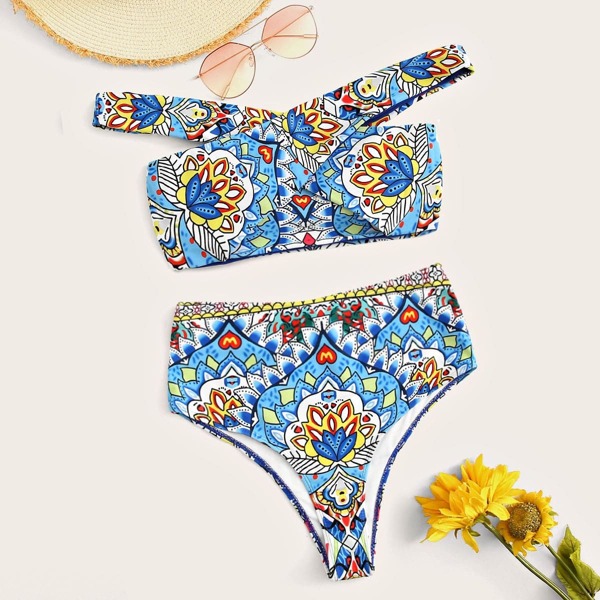 

Random Mandala Print Cross Shoulder High Waist Bikini, Multicolor