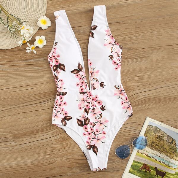 

Random Plum Floral Print Plunging One Piece Swimsuit