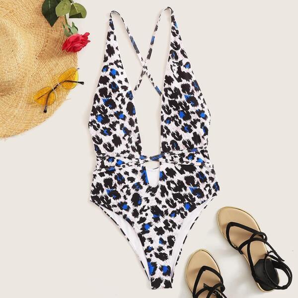 

Leopard Self Tie Open Back One Piece Swimsuit