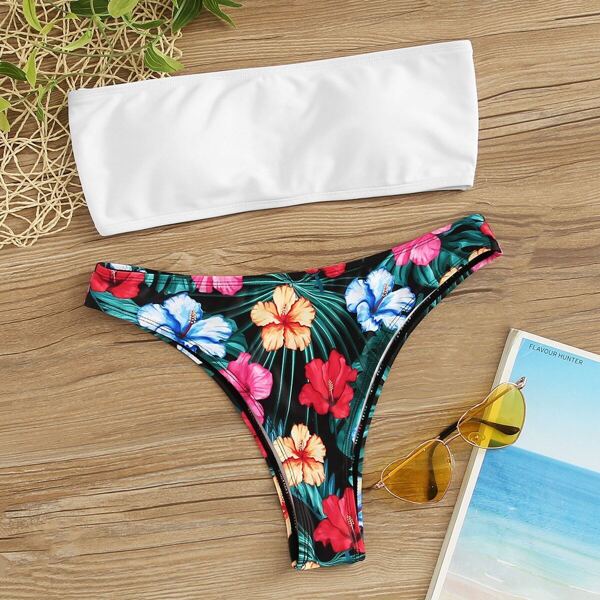 

Bandeau With Floral Hipster Cheeky Bikini Set