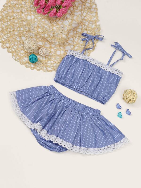 

Baby Polka Dot Contrast Lace Cami Top With Skort, Blue