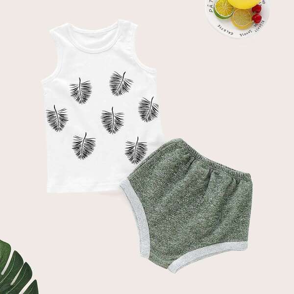 

Baby Leaf Print Tank Top With Space Dye Shorts, Multicolor