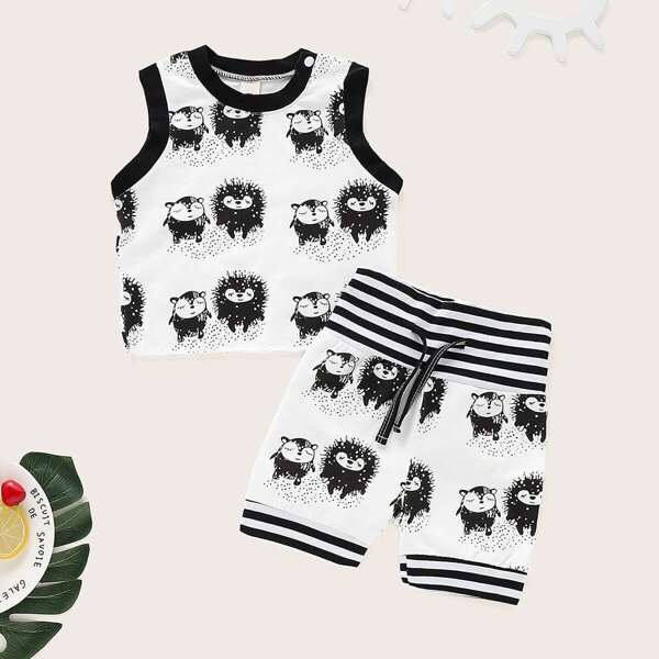 

Baby Contrast Binding Hedgehog Print Tank Top With Shorts