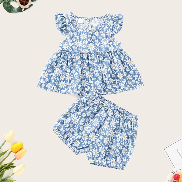 

Baby Ditsy Floral Print Dress With Shorts