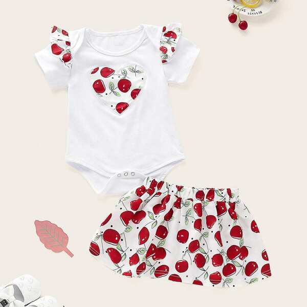 

Baby Cherry Print Ruffle Romper With Skirt, Multicolor