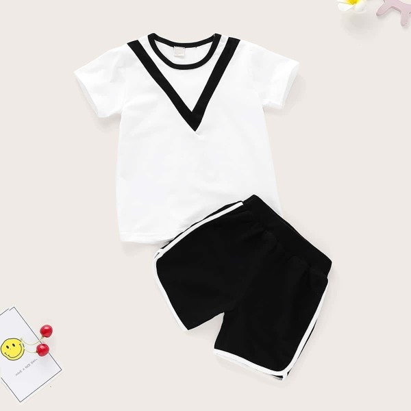 

Toddler Girl Chevron Print Tee With Contrast Binding Shorts, Black and white