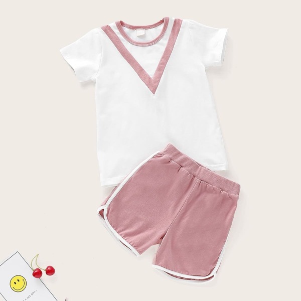 

Toddler Girl Chevron Print Tee With Contrast Binding Shorts, Multicolor