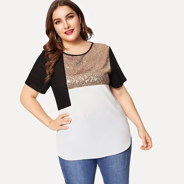 

Plus Contrast Sequin Curved Hem Blouse