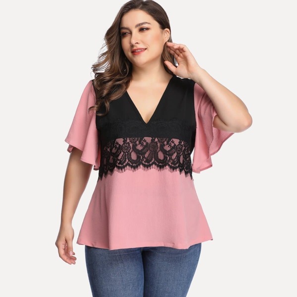 

Plus Contrast Lace Two Tone Blouse, Multicolor