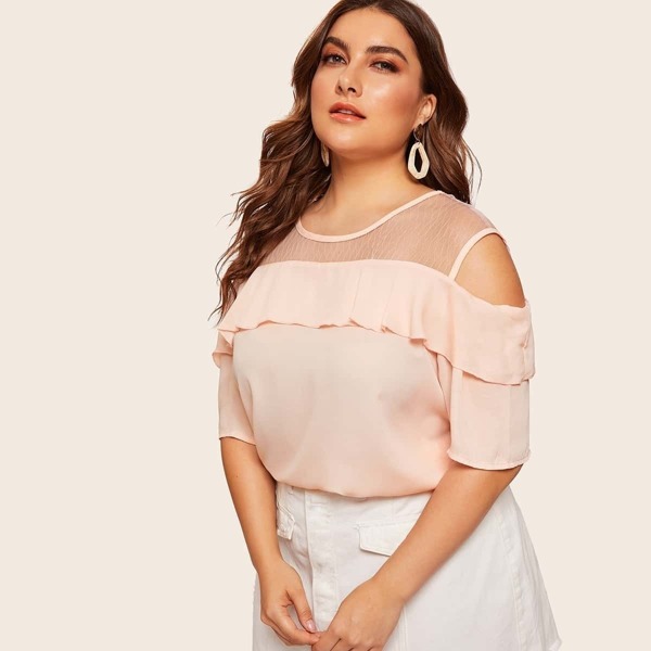 

Plus Contrast Mesh Ruffle Blouse, Pink
