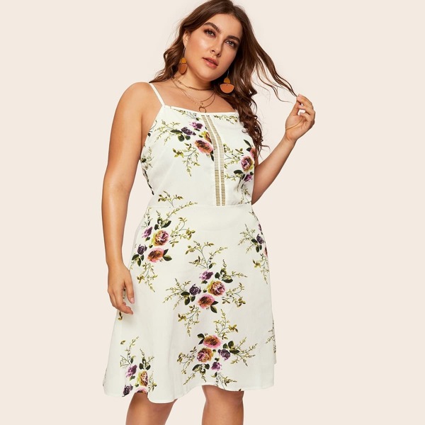 

Plus Floral Print Cut Out Cami Dress, White
