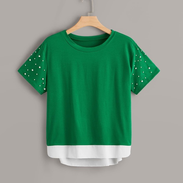 

Plus Contrast Panel Beaded Tee, Green