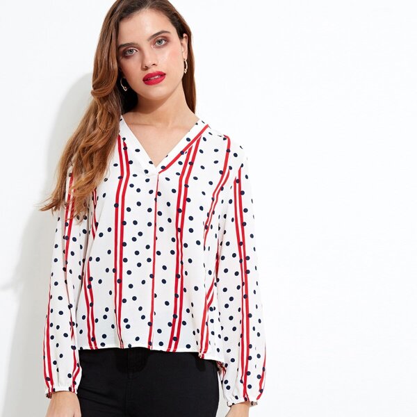 

Mixed Polka Dot Stripe Print Wrap Blouse