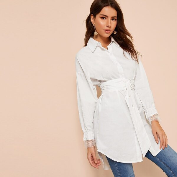 

Curved Hem Contrast Lace Cuff Belted Shirt, White