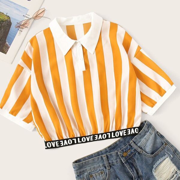 

Letter Print Striped Crop Blouse, Yellow