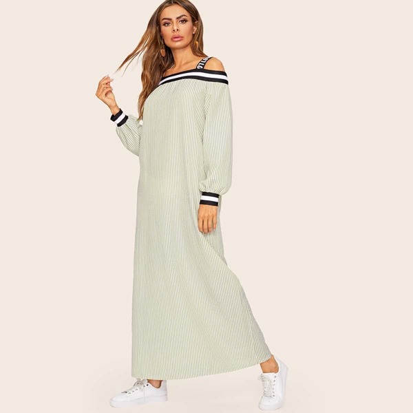 

Letter Print Cold Shoulder Striped Dress