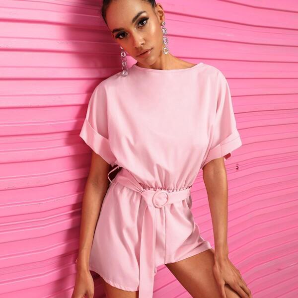 

Self Tie Buttoned Keyhole Romper, Pink