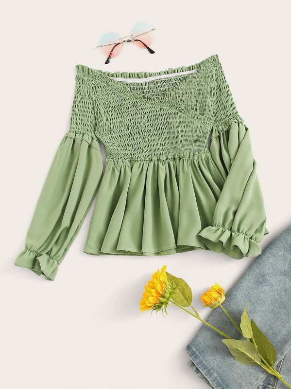 

Off The Shoulder Shirred Ruffle Hem Blouse, Green