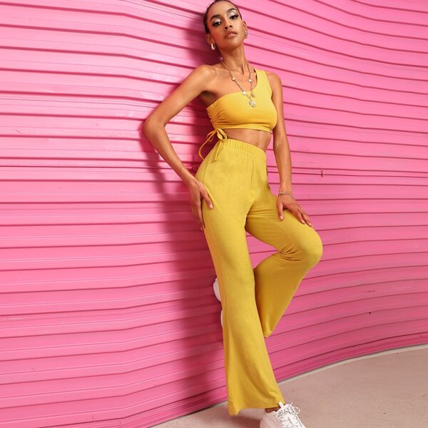 

One Shoulder Drawstring Side Crop Top With Flare Leg Pants