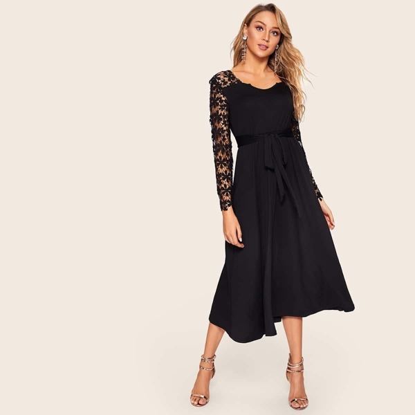

Self Tie Lace Sleeve Midi Dress